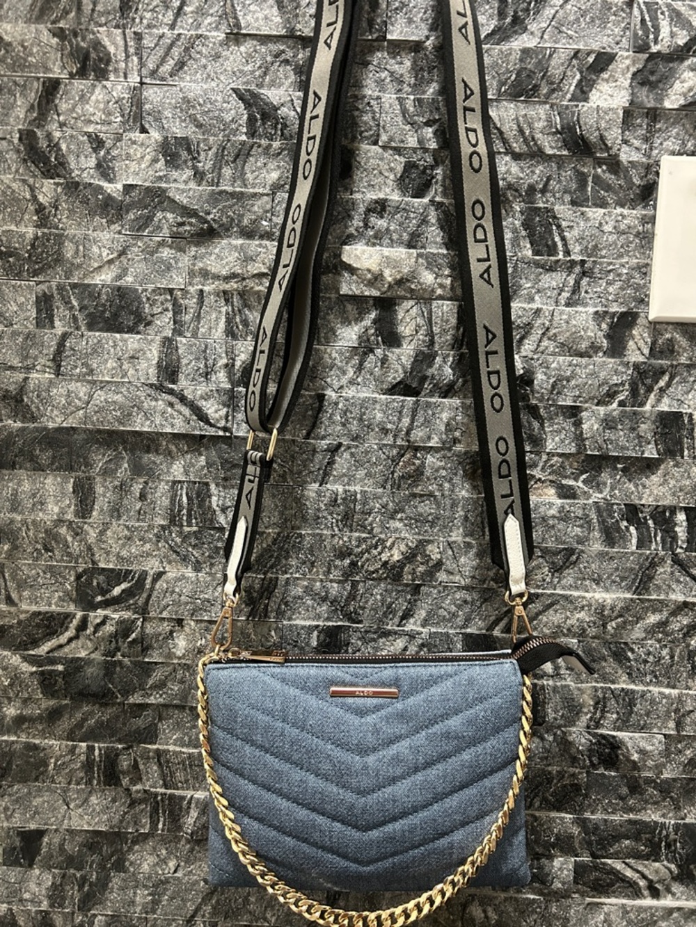 ALDO Denim Quilted Crossbody Bag with Gold Chain